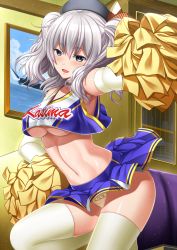 Rule 34 | 10s, 1girl, :d, beret, blue skirt, blush, breasts, character name, cheerleader, closet, clothes lift, clothes writing, crop top, crop top overhang, female focus, framed, glass, gloves, grey eyes, hair between eyes, hand on own hip, hat, indoors, kantai collection, kashima (kancolle), large breasts, long hair, midriff, miniskirt, navel, open mouth, outstretched arm, panties, pantyshot, photo (object), picture frame, pom pom (cheerleading), shibata rai, shiny skin, silver hair, skirt, skirt lift, sleeveless, smile, solo, standing, striped, thighhighs, two side up, underboob, underwear, upskirt, white gloves, white thighhighs, wind, wind lift