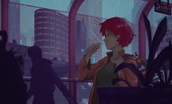Rule 34 | 1girl, backpack, bag, building, cigarette, city, clock, evening, jacket, lem, long sleeves, looking to the side, open clothes, orange jacket, original, plant, rain, red hair, short hair, skyscraper, smoking, solo focus, upper body