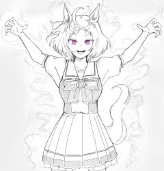 Rule 34 | 1girl, absurdres, animal ears, arms up, bow, collarbone, commentary request, cowboy shot, flower in eye, greyscale, highres, horse ears, horse girl, horse tail, miya nns35, monochrome, open mouth, petticoat, pleated skirt, puffy short sleeves, puffy sleeves, purple eyes, sailor collar, sakura laurel (umamusume), school uniform, short hair, short sleeves, simple background, skirt, smile, solo, spot color, summer uniform, symbol-shaped pupils, symbol in eye, tail, tracen school uniform, umamusume, white background