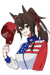Rule 34 | 1girl, american flag, american flag jacket, braid, brown hair, closed jacket, clothes writing, collared jacket, forever young (racehorse), hair between eyes, hat, high ponytail, highres, hokushinron, holding, holding clothes, holding hat, jacket, japanese flag, jumpsuit, long hair, long sleeves, looking at viewer, multicolored hair, original, ponytail, red hat, simple background, single braid, solo, two-tone hair, umamusume, unworn hat, unworn headwear, white background
