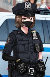 Rule 34 | 1girl, arm warmers, badge, belt, body cam, brown eyes, brown hair, car, english text, field radio, gloves, gun, jizi, mask, motor vehicle, mouth mask, new york city, new york city police department, original, police, police badge, police car, police uniform, product placement, short hair, uniform, united states, weapon