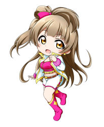 Rule 34 | 1girl, :d, belt, belt buckle, blush, boots, bow, breasts, brown belt, brown eyes, brown hair, buckle, chibi, crop top, fringe trim, full body, hair bow, heart, highres, jacket, knee boots, kuena, long hair, long sleeves, looking at viewer, love live!, love live! school idol festival, love live! school idol project, love marginal, medium breasts, midriff, minami kotori, navel, one side up, open clothes, open jacket, open mouth, pink bow, pink footwear, printemps (love live!), shorts, simple background, sleeves past wrists, smile, solo, very long hair, white background, white jacket, white shorts