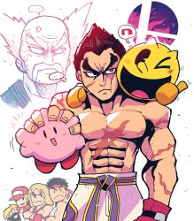 Rule 34 | &gt; o, ..., 6+boys, absurdres, anger vein, black eyes, black gloves, black hair, blonde hair, boxing gloves, closed mouth, company connection, facial hair, fatal fury, frown, gloves, hat, headband, heterochromia, highres, holding, jaggy lines, kazuya drops kirby off a cliff (meme), ken masters, kirby, kirby (series), long hair, male focus, meme, mishima heihachi, mishima kazuya, multiple boys, muscular, muscular male, mustache, nintendo, one eye closed, open mouth, pac-man, pac-man (game), rariatto (ganguri), red eyes, red gloves, ryu (street fighter), scar, scar on arm, scar on chest, shirt, simple background, smash ball, spiked hair, spoken ellipsis, street fighter, super smash bros., sweat, tekken, terry bogard, the king of fighters, thick eyebrows, thumbs up, topless male, white background