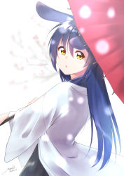 Rule 34 | 1girl, animal ears, blue hair, commentary request, hair between eyes, haruna miyabi, highres, holding, holding umbrella, japanese clothes, kimono, long hair, long sleeves, looking at viewer, looking back, love live!, love live! school idol festival, love live! school idol project, oil-paper umbrella, open mouth, rabbit ears, red umbrella, signature, simple background, solo, sonoda umi, standing, umbrella, yellow eyes