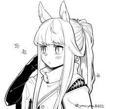 Rule 34 | 1girl, animal ears, arknights, blush, elbow gloves, gloves, greyscale, hand up, highres, horse ears, horse girl, jacket, long hair, looking afar, monochrome, non porn, platinum (arknights), ponytail, sidelocks, simple background, solo, twitter username, upper body, white background, yom (ymayma00ss)