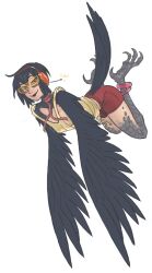 Rule 34 | 1girl, anklet, bird legs, bird tail, black feathers, black hair, black lips, black wings, breasts, feathers, harpy, headphones, jewelry, medium breasts, monster girl, orange-tinted eyewear, original, red shorts, scales, shorts, simple background, solo, tail, talons, tan, tank top, tealtentacle, tinted eyewear, white background, wings, yellow tank top