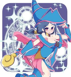 Rule 34 | 1girl, bare shoulders, blue footwear, blue hat, blush, breasts, choker, cleavage, cosplay, dark magician girl, dark magician girl (cosplay), hat, highres, holding, holding wand, hys-d, little witch academia, long hair, looking at viewer, parted bangs, red eyes, shiny chariot, solo, ursula callistis, wand, wizard hat, yu-gi-oh!