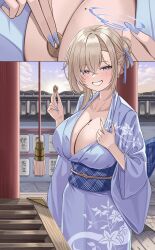 Rule 34 | 1girl, asuna (blue archive), blonde hair, blue archive, blue eyes, blue kimono, blue nails, box, breasts, cleavage, coin, donation box, fingernails, grin, highres, japanese clothes, kimono, large breasts, long hair, long sleeves, looking at viewer, mole, mole under eye, nail polish, o-los, obi, open mouth, sash, smile, solo, wide sleeves