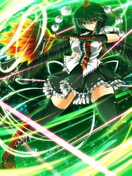 Rule 34 | 1girl, black hair, black thighhighs, boots, cross-laced footwear, fingerless gloves, full body, gloves, glowing, hand fan, hat, highres, lace-up boots, light particles, nekominase, red eyes, shameimaru aya, short hair, skirt, smile, solo, thighhighs, thighhighs under boots, tokin hat, touhou, wings