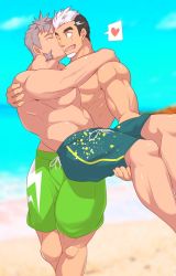 Rule 34 | 2boys, abs, alternate costume, bara, bare pectorals, black hair, blue male swimwear, blue swim trunks, carrying, commission, couple, crow (siranui), drawstring, earrings, facial hair, feet out of frame, goatee, green eyes, green male swimwear, green swim trunks, gyee, heart, jewelry, kiss, kissing cheek, large pectorals, lifting person, long sideburns, male focus, male swimwear, multicolored hair, multiple boys, muscular, navel, nipples, pectorals, print male swimwear, print swim trunks, print swimsuit, purple hair, second-party source, short hair, sideburns, splatter print, spoken heart, su (gyee), swim trunks, swimsuit, thick thighs, thighs, two-tone hair, yan (gyee), yaoi