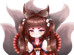 Rule 34 | 1girl, :t, amagi-chan (azur lane), animal ear fluff, animal ears, azur lane, blunt bangs, brown hair, commentary request, detached sleeves, eyeshadow, fox ears, fox girl, fox tail, highres, japanese clothes, kitsune, kokonoe910, kyuubi, long hair, long sleeves, looking at viewer, makeup, multiple tails, pout, purple eyes, rope, shimenawa, sidelocks, simple background, solo, tail, thick eyebrows, twintails, v arms, white background, wide sleeves