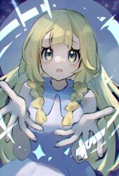 Rule 34 | 1girl, absurdres, aqua eyes, asatte 3z, bare arms, bare shoulders, blonde hair, blue eyes, braid, chromatic aberration, collared dress, creatures (company), dress, game freak, hands up, hat, highres, lillie (pokemon), long hair, multicolored eyes, nintendo, open mouth, pokemon, pokemon sm, side braids, sleeveless, sleeveless dress, solo, sun hat, sundress, white dress, white hat, yellow eyes