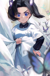 Rule 34 | 1girl, black hair, blue eyes, blush, brown background, bug, butterfly, butterfly hair ornament, buttons, curtains, frown, grey background, hair ornament, hand on own hip, highres, holding, insect, kanzaki aoi (kimetsu no yaiba), kimetsu no yaiba, long sleeves, looking at viewer, parted bangs, short hair, solo, torriet, twintails, v-shaped eyebrows
