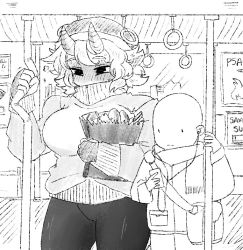 Rule 34 | 1boy, 1girl, bald, blush, breasts, broken, bus interior, closed mouth, covered mouth, earphones, embarrassed, fingerless gloves, full-face blush, gloves, greyscale, groceries, hat, height difference, holding, horns, jacket, large breasts, latenight, long sleeves, monochrome, monster girl, monster girl encyclopedia, oni, oni horns, pants, pointy ears, red oni (monster girl encyclopedia), scarf, short hair, standing, sweat, sweater, | |
