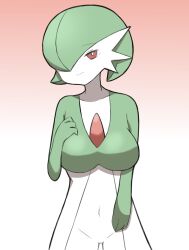 Rule 34 | 1girl, bob cut, breasts, bright pupils, closed mouth, collarbone, colored skin, cowboy shot, creatures (company), female focus, game freak, gardevoir, gen 3 pokemon, gradient background, green hair, green skin, groin, hair over one eye, half-closed eyes, hand on own chest, hand up, large breasts, looking at viewer, maruka1597, multicolored skin, navel, nintendo, no pussy, one eye covered, pokemon, pokemon (creature), red background, red eyes, short hair, simple background, solo, split mouth, standing, stomach, two-tone skin, white pupils, white skin