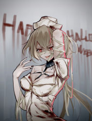 Rule 34 | 1girl, absurdres, bandage on face, bandaged arm, bandages, blonde hair, breasts, english text, girls&#039; frontline, hair between eyes, halloween, halloween costume, hand in own hair, hand up, hat, highres, kord (dancer in the dead silence) (girls&#039; frontline), kord (girls&#039; frontline), long hair, looking at viewer, medium breasts, nail polish, nurse, nurse cap, priest77, red eyes, simple background, solo, tongue, tongue out