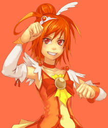 Rule 34 | 10s, 1girl, armpits, blush, bow, choker, clenched hands, cure sunny, detached sleeves, grin, hair ornament, hino akane (smile precure!), orange background, orange hair, orange skirt, orange theme, precure, red eyes, short hair, simple background, skirt, smile, smile precure!, solo, upper body, yuuji (and)