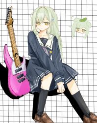 1girl animal_ears bang_dream! bang_dream!_it&#039;s_mygo!!!!! black_socks blue_shirt blue_skirt brown_footwear chibi chibi_inset closed_mouth commentary cucumber dog_ears dog_girl electric_guitar green_hair grey_neckerchief grid_background guitar hair_ornament hairclip hankai_eyes highres instrument invisible_chair kemonomimi_mode kneehighs loafers long_hair long_sleeves neckerchief pleated_skirt shirt shoes sitting skirt socks symbol-only_commentary wakaba_mutsumi white_background yellow_eyes