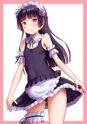 Rule 34 | 1girl, apron, bare shoulders, black hair, blush, bow, covered navel, detached collar, flat chest, frilled garter, frills, from below, gokou ruri, highres, hime cut, long hair, looking at viewer, maid headdress, mole, mole under eye, one-piece swimsuit, ore no imouto ga konna ni kawaii wake ga nai, red eyes, ribbon, school swimsuit, simple background, skirt hold, solo, swimsuit, takatsuki akira, wavy mouth, white apron