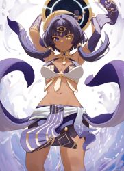 Rule 34 | 1girl, armpits, arms up, blue eyes, blue hair, breasts, candace (genshin impact), cleavage, dark-skinned female, dark skin, egyptian clothes, genshin impact, hair ornament, heterochromia, highres, holding, holding shield, looking at viewer, midriff, mockingeu, navel, shield, sidelocks, skirt, solo, stomach, water, yellow eyes