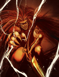 Rule 34 | 1990s (style), aotsuki ushio, attack, claws, demon, energy, fang, fangs, long hair, male focus, monochrome, open mouth, polearm, sepia, spear, tora (ushio to tora), ushio to tora, very long hair, weapon, white eyes
