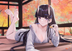 Rule 34 | 1girl, autumn, azur lane, barefoot, black hair, blunt bangs, breasts, cleavage, closed mouth, commentary request, crossed ankles, feet, full body, grey shirt, hair ornament, hairclip, highres, horns, lim (ramu), long hair, long sleeves, looking at viewer, lying, manjuu (azur lane), medium breasts, noshiro (azur lane), noshiro (cozy enclave) (azur lane), off shoulder, official alternate costume, on stomach, oni horns, purple eyes, shirt, soles, solo, the pose, toes, very long hair
