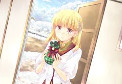 Rule 34 | 1girl, :|, bag, blonde hair, blunt bangs, blush, bow, breasts, brown eyes, closed mouth, cloud, day, dutch angle, eyebrows, hair ornament, hairclip, holding, indoors, kousetsu, long hair, looking at viewer, open door, plaid, red bow, rosetta, rune factory, rune factory 1, rune factory frontier, sky, small breasts, snow, solo, triangle, upper body, wall, winter