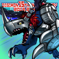 Rule 34 | digimon, digimon (creature), metalgreymon (virus), open mouth, red hair, sharp teeth, solo, teeth