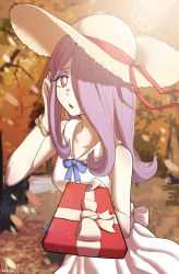 Rule 34 | 1girl, alternate costume, autumn leaves, bad id, bad pixiv id, bare shoulders, blue neckwear, blue ribbon, box, bracelet, commentary, dress, english commentary, eyeshadow, gift, gift box, giving, hair over one eye, hat, hat ribbon, highres, ice keki, jewelry, lens flare, little witch academia, long hair, looking at viewer, makeup, nail polish, open mouth, pentagon (shape), pink hair, pov, red eyes, red ribbon, ribbon, solo, sparkle, sucy manbavaran, sun hat, sundress, valentine, white dress, white ribbon