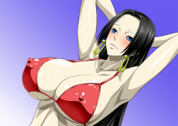 Rule 34 | 1girl, armpits, arms behind head, arms up, bare arms, bare shoulders, bikini, black hair, blue eyes, blush, boa hancock, breasts, covered erect nipples, earrings, jewelry, large breasts, long hair, looking away, nel-zel formula, one piece, red bikini, shiny skin, simple background, solo, sweat, swimsuit, upper body