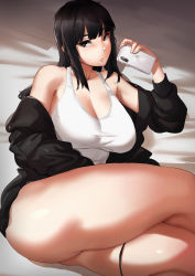 Rule 34 | 1girl, absurdres, bare shoulders, bed sheet, black hair, black sweater, blunt bangs, breasts, cardigan, cellphone, cleavage, crossed legs, highres, holding, holding phone, large breasts, lying, lynus, naoko-san, off shoulder, on back, open cardigan, open clothes, original, phone, smartphone, solo, sweater, tank top, thick thighs, thigh strap, thighs, white tank top