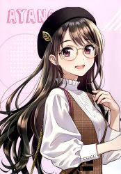 Rule 34 | 1girl, absurdres, beret, black hat, blush, breasts, brown eyes, brown hair, buttoned cuffs, buttons, character name, fingernails, glasses, hand up, hat, highres, lips, long hair, long sleeves, looking at viewer, medium breasts, mole, mole under eye, morikura en, open mouth, original, pink background, scan, simple background, smile, solo, upper body