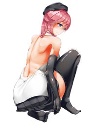 Rule 34 | 10s, 1girl, asami lilith, back, bad id, bad pixiv id, beret, blue eyes, blush, breasts, elbow gloves, female focus, gloves, hat, kasappi, large breasts, long hair, looking at viewer, red hair, shiny clothes, simple background, solo, thighhighs, trinity seven