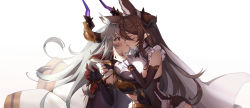 Rule 34 | absurdres, animal ears, backlighting, breast press, breasts, brown hair, galleon (granblue fantasy), gloves, granblue fantasy, highres, horns, kiss, long hair, pointy ears, red eyes, surprised, symmetrical docking, threo (granblue fantasy), tokikouhime, white background, yuri