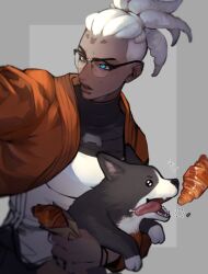 Rule 34 | 1girl, 47 lall, animal, armor, artificial eye, blue eyes, croissant, cyborg, dark-skinned female, dark skin, dog, drooling, food, glowing, glowing eye, grey background, grey eyes, hair pulled back, heterochromia, holding, holding animal, holding dog, holding pastry bag, jacket, kinky hair, looking to the side, mechanical eye, open clothes, open jacket, open mouth, orange jacket, overwatch, overwatch 2, science fiction, simple background, sojourn (overwatch), solo, sparkle, tongue, tongue out, undercut, upper body
