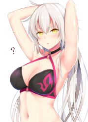 Rule 34 | 1girl, ?, ahoge, armpits, arms behind head, bikini, black bikini, blush, breasts, choker, cleavage, collarbone, fate/grand order, fate (series), hair between eyes, highres, jeanne d&#039;arc alter (swimsuit berserker) (fate), jeanne d&#039;arc (fate), jeanne d&#039;arc alter (fate), jeanne d&#039;arc alter (swimsuit berserker) (fate), large breasts, long hair, looking at viewer, navel, o-ring, open mouth, sidelocks, skindentation, solo, stomach, sweatdrop, swimsuit, takeyuu, upper body, very long hair, yellow eyes