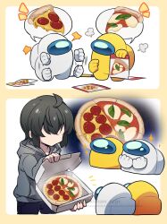 Rule 34 | 2koma, 3others, ahoge, ambiguous gender, among us, androgynous, black hair, blue pants, box, clenched hands, comic, commentary request, crewmate (among us), disembodied limb, drawing (object), english text, faceless, food, grey hoodie, highres, holding, holding box, holding drawing, hood, hood down, hoodie, kiman, leaf, multiple others, original, pants, pizza, pizza box, pizza slice, pointing, short hair, sidelocks, silent comic, spacesuit, sparkle, spoken food, they (kiman), twitter username, watermark, white (among us), yellow (among us)