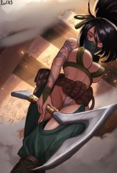 Rule 34 | 1girl, absurdres, akali, arm tattoo, bag, black hair, breasts, fog, from below, green pants, green ribbon, hair between eyes, hair ribbon, highres, holding, holding weapon, large breasts, league of legends, long hair, looking at viewer, luv5113, mask, mouth mask, pants, pink eyes, ponytail, pouch, ribbon, rope belt, solo, tattoo, weapon