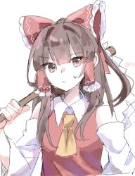 Rule 34 | 1girl, ascot, bare shoulders, blunt bangs, bow, breasts, brown eyes, brown hair, closed mouth, collared shirt, detached sleeves, frilled bow, frilled hair tubes, frills, gohei, hair bow, hair tubes, hakurei reimu, hidukihumi, holding, holding gohei, looking at viewer, red bow, red shirt, shirt, simple background, sleeveless, sleeveless shirt, small breasts, solo, sweatdrop, touhou, upper body, white background, yellow ascot