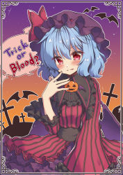 Rule 34 | 1girl, :p, alternate costume, bat wings, beni kurage, blue hair, blush, border, bow, closed mouth, cross, dress, fang, fang out, frilled shirt collar, frilled sleeves, frills, gradient sky, halloween, hat, hat bow, highres, layered dress, long sleeves, looking at viewer, mob cap, outline, purple hat, red bow, red dress, red eyes, remilia scarlet, short hair, sky, smile, solo, speech bubble, striped clothes, striped dress, tombstone, tongue, tongue out, touhou, trick or treat, upper body, vertical-striped clothes, vertical-striped dress, white outline, wide sleeves, wings