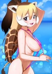 Rule 34 | 1girl, absurdres, animal ears, animal print, areola slip, bikini, blonde hair, blush, breasts, brown hair, cleft of venus, covered erect nipples, giraffe ears, giraffe girl, giraffe horns, giraffe print, giraffe tail, groin, highres, horns, kemono friends, kemono friends 3, large breasts, long hair, looking at viewer, masuyama ryou, micro bikini, multicolored hair, navel, one-piece swimsuit, open mouth, partially visible vulva, pink one-piece swimsuit, pink slingshot swimsuit, reticulated giraffe (kemono friends), slingshot swimsuit, smile, swimsuit, tail, white hair