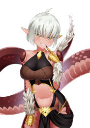 Rule 34 | 1girl, ahoge, animal hands, basilisk (monster girl encyclopedia), bob cut, breasts, commission, cowfee, eupheilla (azuriu), eyes visible through hair, finger to mouth, grin, highres, lamia, large breasts, looking at viewer, monster girl, monster girl encyclopedia, navel, original, pointy ears, scales, short hair, simple background, smile, solo, white background, white hair, yellow eyes