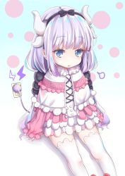 Rule 34 | 1girl, blue eyes, capelet, charging, dragon girl, dragon horns, dragon tail, electric plug, electrical outlet, hair bobbles, hair ornament, hairband, hayashi takeo, highres, horns, kanna kamui, kobayashi-san chi no maidragon, light purple hair, lightning, long hair, looking at viewer, low twintails, parody, parted lips, sitting, solo, tail, thighhighs, twintails, white thighhighs, zettai ryouiki