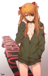Rule 34 | 1girl, absurdres, bad id, bad pixiv id, black choker, blue eyes, breasts, choker, cleavage, closed mouth, evangelion: 3.0+1.0 thrice upon a time, expressionless, eyepatch, green jacket, hair ornament, hairclip, hand in pocket, highres, interface headset, jacket, kawausoman, long hair, looking at viewer, neon genesis evangelion, no bra, orange hair, playing with own hair, rebuild of evangelion, solo, souryuu asuka langley, standing, white background