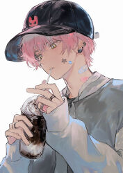 Rule 34 | 1boy, absurdres, bandaid, bandaid on neck, black hat, drink, drinking straw, drinking straw in mouth, ear piercing, earrings, green eyes, hair between eyes, hat, highres, holding, holding drink, jewelry, looking at object, looking down, male focus, multiple earrings, multiple rings, original, piercing, pink hair, ring, short hair, solo, sticker on face, suechimu, upper body, white background