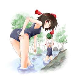 Rule 34 | 2girls, :d, :|, ^ ^, adjusting clothes, adjusting swimsuit, alternate costume, animal ears, armpits, arms up, ass, bad perspective, bare shoulders, black hair, blush, closed eyes, closed mouth, clothes pull, covered navel, food, forest, fruit, full body, hat, inubashiri momiji, leaning forward, looking at viewer, minase tamaki, multiple girls, nature, one-piece swimsuit, one-piece swimsuit pull, open mouth, partially submerged, red eyes, river, shameimaru aya, short hair, smile, swimsuit, tail, tokin hat, touhou, wading, watermelon, white hair, wolf ears, wolf tail