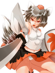 Rule 34 | &gt;:o, 1girl, :o, alternate hair color, angry, animal ears, breasts, detached sleeves, fangs, hat, holding, holding shield, holding sword, holding weapon, inubashiri momiji, kazu (rakugakino-to), looking at viewer, medium breasts, open mouth, panties, red eyes, shield, short hair, silver hair, simple background, skirt, solo, sword, tail, tokin hat, touhou, underwear, v-shaped eyebrows, weapon, white background, wolf ears, wolf tail