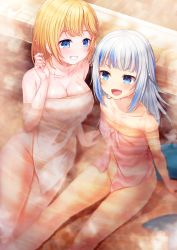 Rule 34 | 2girls, arm support, bare shoulders, blonde hair, blue eyes, blue hair, breasts, cleavage, collarbone, fins, fish tail, from above, gawr gura, grin, highres, hololive, hololive english, holomyth, large breasts, looking at another, medium hair, multicolored hair, multiple girls, naked towel, navel, ogiyuki, onsen, open mouth, partially submerged, shark tail, sharp teeth, small breasts, smile, streaked hair, tail, teeth, thigh gap, towel, virtual youtuber, watson amelia, white hair