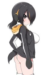 Rule 34 | 1girl, animal hood, ass, black hair, black jacket, blush, breasts, closed mouth, cowboy shot, emperor penguin (kemono friends), expressionless, female focus, from side, hair over one eye, head tilt, headphones, highres, hood, jacket, kemono friends, large breasts, looking at viewer, matching hair/eyes, multicolored hair, orange hair, penguin hood, penguin tail, ransusan, short hair, simple background, solo, standing, tail, thighhighs, thighs, white background, white thighhighs, zettai ryouiki