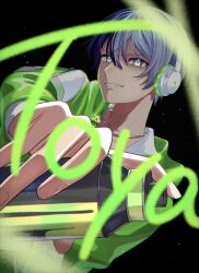 Rule 34 | 1boy, absurdres, aoyagi touya, blue hair, character name, commentary, dark blue hair, english commentary, fingernails, grey eyes, hair between eyes, headphones, highres, holding, jacket, jewelry, long sleeves, looking at viewer, male focus, mole, mole under eye, multicolored hair, necklace, official alternate costume, on your feet (project sekai), project sekai, short hair, solo, split-color hair, spray paint, teeth, two-tone hair, upper body, yk62